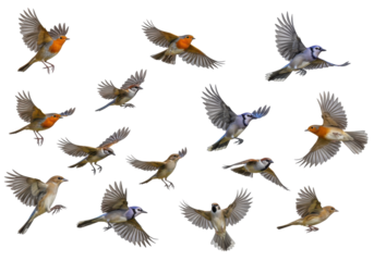 A dynamic collage of various birds in flight, showcasing their vibrant colors and natural grace
