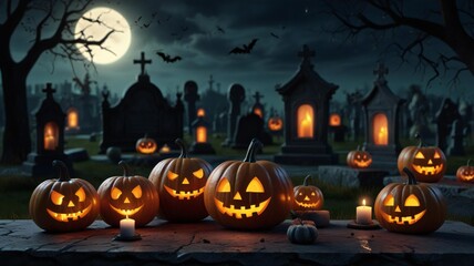 Spooky jack o lanterns illuminate a haunted cemetery under a full moon