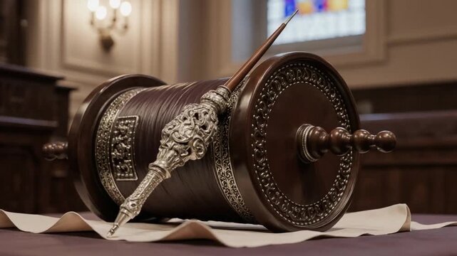 Torah Scroll with Yad Pointer Resting on Religious Table