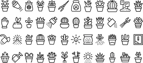 Naklejka premium cactus care line icons set, popular species. Desert plants, soil more vector illustration