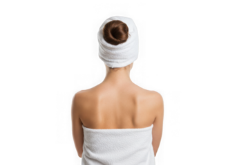 Back view of woman with towel on head and wrapped around body on transparent background