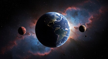 Fototapeta premium Stunning 3D Render of Earth, Mars, and Moon in a Cosmic Nebula, Space Exploration, Planetary Alignment