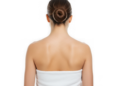 Back view of woman with hair in bun and white towel wrapped body on transparent background
