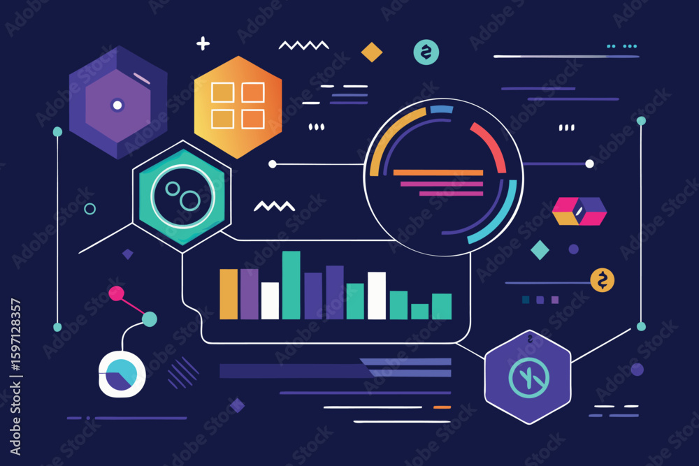 Poster abstract business data visualization with colorful charts and geometric elements on a dark backgroun