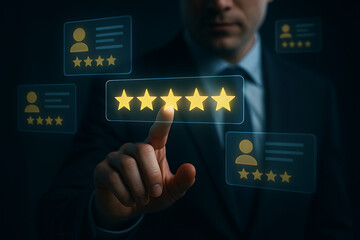 User giving five star review on transparent digital interface with customer rating feedback experience ranking and satisfaction measurement in online business environment