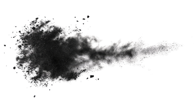 black chalk pieces and dust flying effect explode on white background