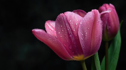 Close Up Of Dew Covered Purple Tulips Against Dark Background