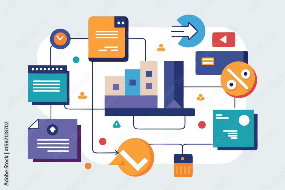 Poster abstract data analysis and business strategy visualization featuring charts and connected elements o