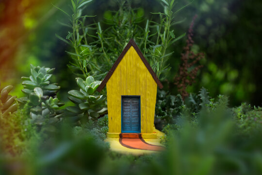 fairy house in garden with rainbow 