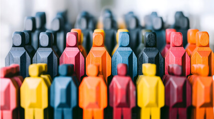 Fototapeta premium Colorful wooden figurines arranged in rows, symbolizing diversity and unity in a group setting.