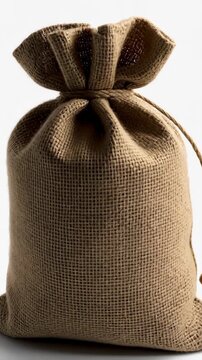 Textured burlap sack with tied top and natural fiber drawstring, isolated on white background with gentle shadows and studio lighting
