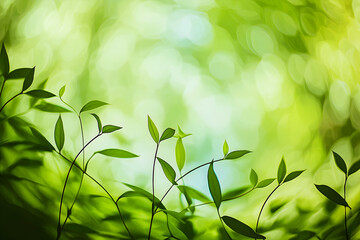 Obraz premium Green leaves and stems reaching upward with a bright, blurred nature background creating a fresh and peaceful atmosphere.