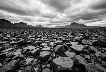 Expansive rocky cracked terrain under dramatic cloudy sky with distant mountain silhouettes