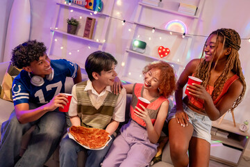 Group of diverse Generation Z friends enjoying a party in cozy house.