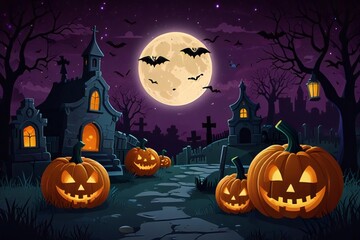 Fototapeta premium Spooky halloween night with jack o lanterns and bats under a full moon