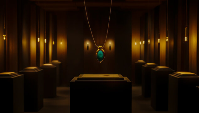 Close-up image of a delicate, intricately designed gold necklace with a polished blue gemstone pendant highlighted against an elegant background. - Powered by Adobe