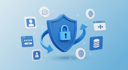3D rendering depicts a blue shield with a padlock at its center, surrounded by icons of security measures and data