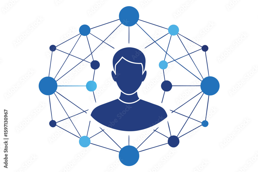 Poster abstract illustration featuring a person connected within a network of interconnected nodes represen