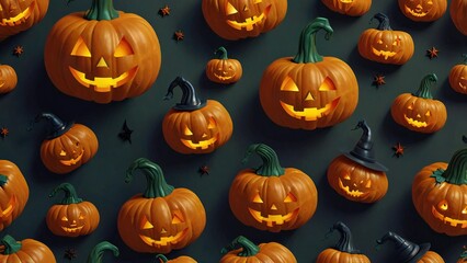 A spooky halloween scene filled with glowing jack o lanterns and witch hats