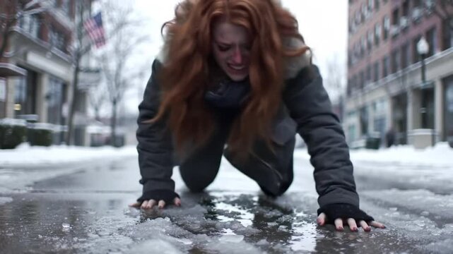 A terrified young woman with red hair crawls in desperation across a wet and icy city street in winter.