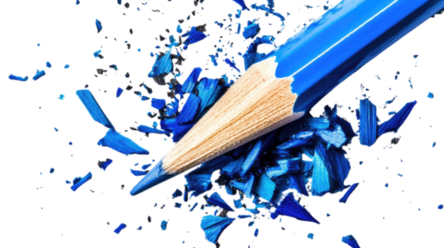 blue pencil tip shavings from sharpener on white background