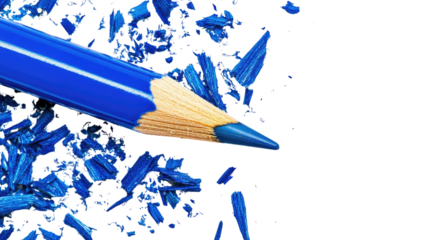 blue pencil tip shavings from sharpener on white background