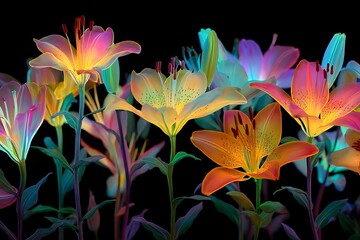 Fototapeta premium Colorful lilies with glowing petals on a black background