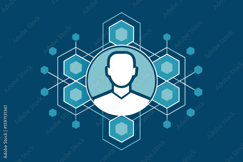 Poster abstract representation of a network connected to an anonymous person with geometric shapes and a de