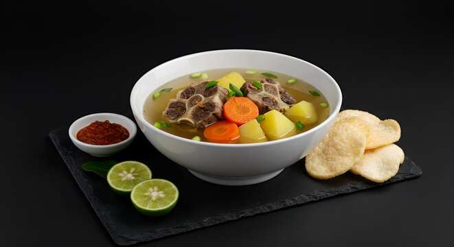 Close-up of a bowl of Sop Buntut, a traditional Indonesian beef soup, featuring tender beef, potatoes, and carrots.