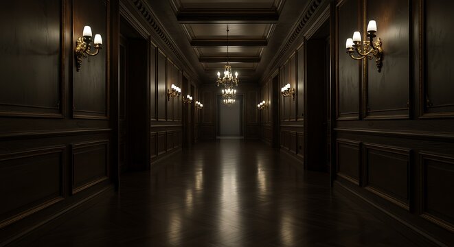Empty room with opulent classic corridor boasts intricate wall paneling, reflective flooring, and ornate vintage sconces, encapsulating timeless elegance within a luxurious mansion.