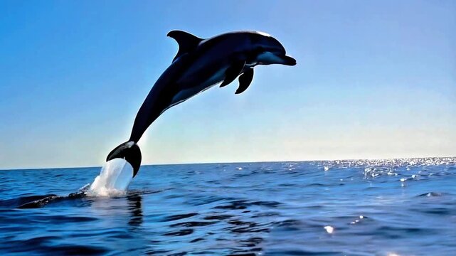 Dolphin jumping out of blue ocean water. Marine animal breaching. Wildlife in nature. Playful dolphin leaping from sea. Aquatic mammal jumping. Dolphin in blue sky. Fish diving in blue water. Cute Fun