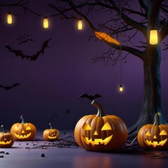 Spooky halloween night with jack o lanterns and flying bats under string lights