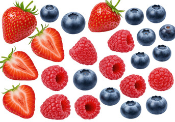 Fresh assortment of strawberries, blueberries, and raspberries on a white background