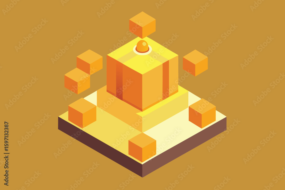 Poster isometric illustration of a digital data structure represented by abstract cubic shapes and a beacon