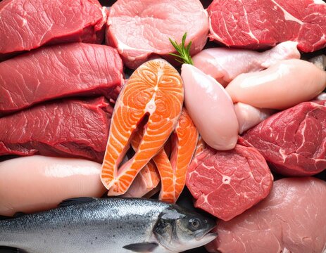 Mix of raw meat and fish . Salmon , beef , pork , chicken staek . Top view photography. No People.