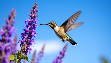 Hummingbird in flight,  nectar from purple flowers