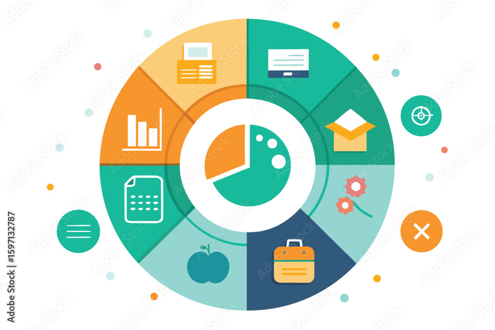Poster modern infographic design featuring segmented circles and icons illustrating business concepts and d