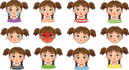 Cute cartoon girl showing twelve different facial expressions including happy, sad, angry, surprised, emotional reactions for education and design
