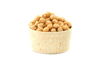Chickpeas in a bowl on a white background. Scientific name: Cicer arietinum) is a plant in the legume family. The seeds are high in protein.