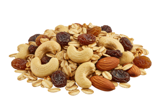 A vibrant mix of nuts and dried fruits on a wooden surface, showcasing healthy snack options