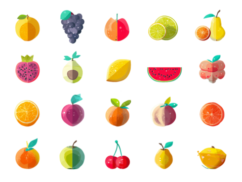 Pixel Art Assortment of Colorful Fruits on Transparent Background Digital Illustration of Geometric Style Healthy Food Concept for Design Projects, PNG - Powered by Adobe