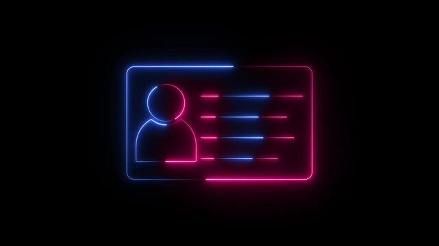 Neon Id card animation.  glowing id folder icon motion graphics. Identification card volunteer icon 4k video footage.