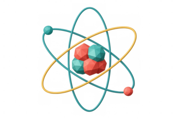 Colorful low poly atom rotating against transparent background, representing molecular structure in scientific visualization