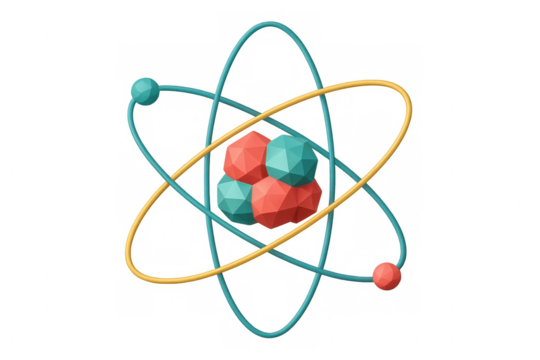 Colorful low poly atom rotating against transparent background, representing molecular structure in scientific visualization