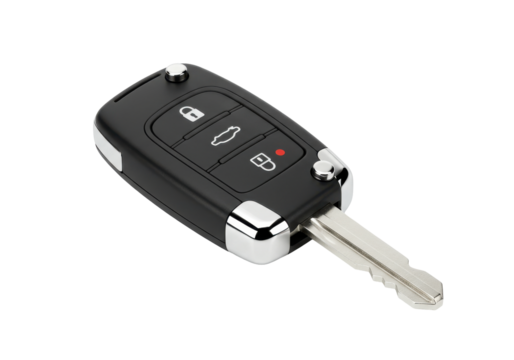 Close-up view of a modern car key fob with buttons, isolated on a white background
