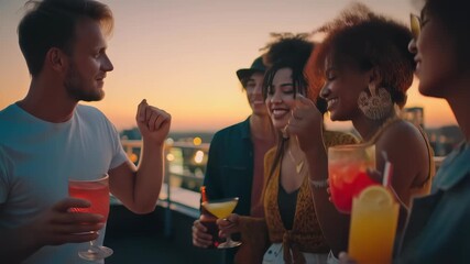 Group of friends enjoying cocktails on rooftop at sunset - Powered by Adobe