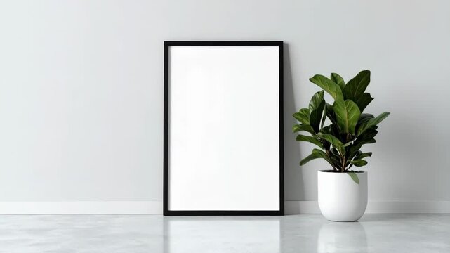 Black framed empty poster mockup standing on a floor with potted plant against a neutral wall ideal for presenting art and designs