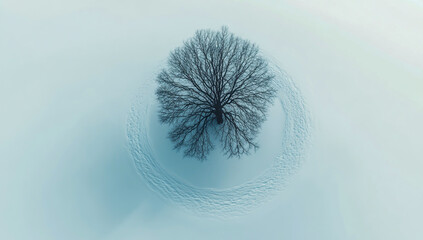 Minimalist circular design depicting a solitary tree at the center of a winter landscape, placed on a clean white background, with subtle tones.