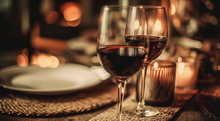 Red wine glasses on table with candles and cozy fireplace background  