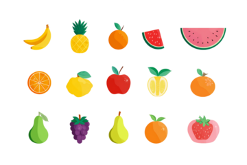 Pixelated Fruits Assortment Featuring Various Tropical and Citrus Flavors with Retro Pixel Art Style Isolated on Transparent Background, PNG
